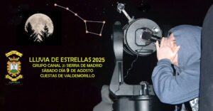 Persona observando lluvia de estrellas 2025 con Radio CB y telescopio en Valdemorillo